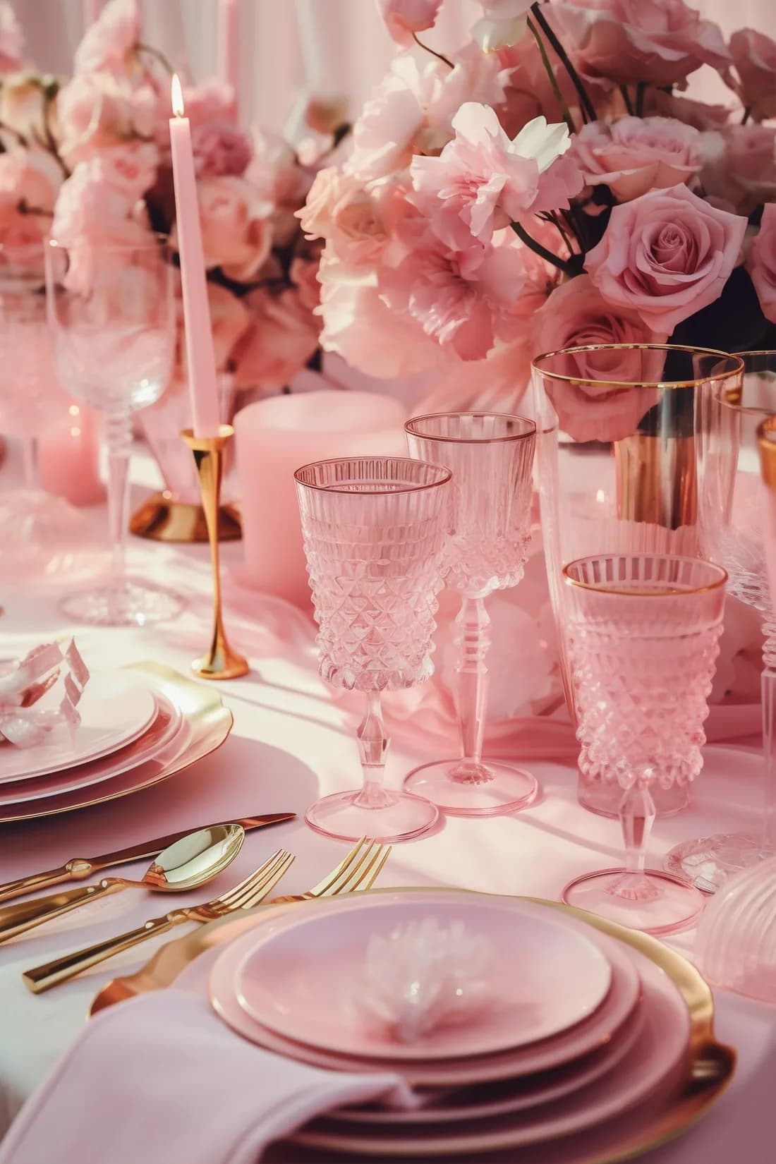 Pink table setting with flowers for an event at MÌO